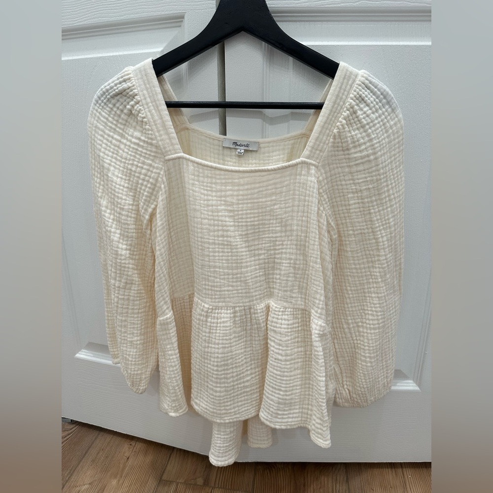 Madewell cream white square neck quarter sleeve peplum blouse top